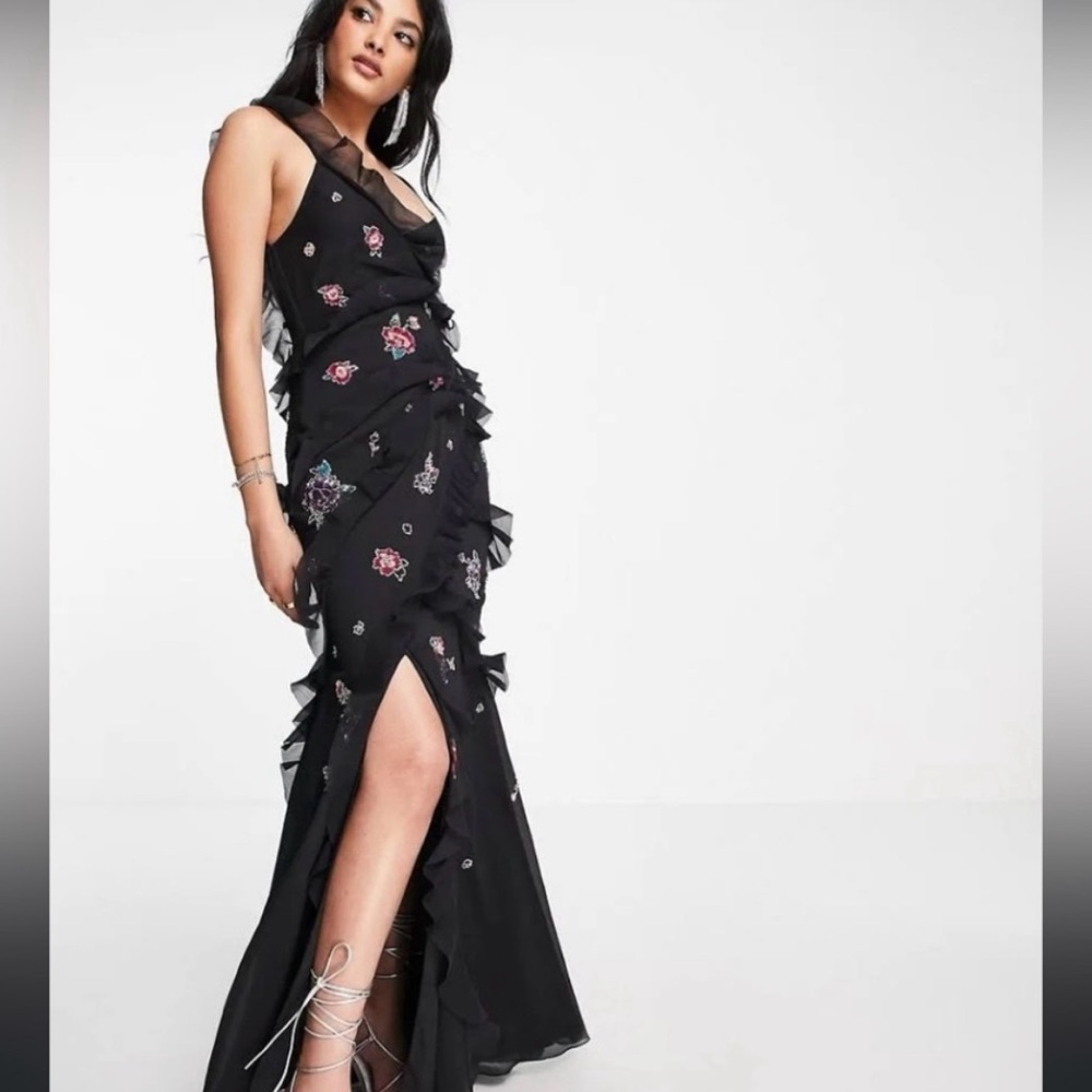 ASOS Black Embellished Ruffled Maxi Gown